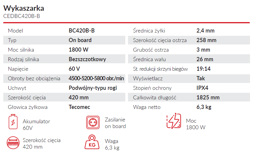 DANE TECHNICZNE WYKASZARKI BC420B-B